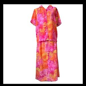 JKLA Two piece skirt set M pink orange tropical print Lightweight EUC Vintage